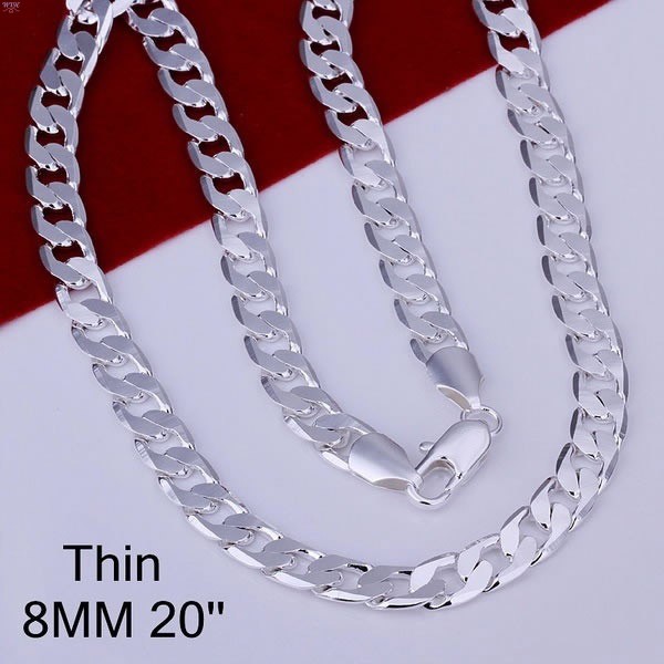 WX9E Men's 925 Silver Plating 8mm 20inch Sideways Flat Chain Necklace Jewelry Fashionable Silver Jewelry Korean Edition Exquisite Popular Jewelry in Stock Flat Side Necklace