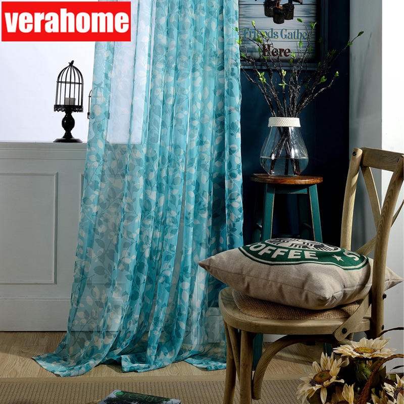 Fashion Peacock Blue Printed Voile Tulle Sheer Curtains Window