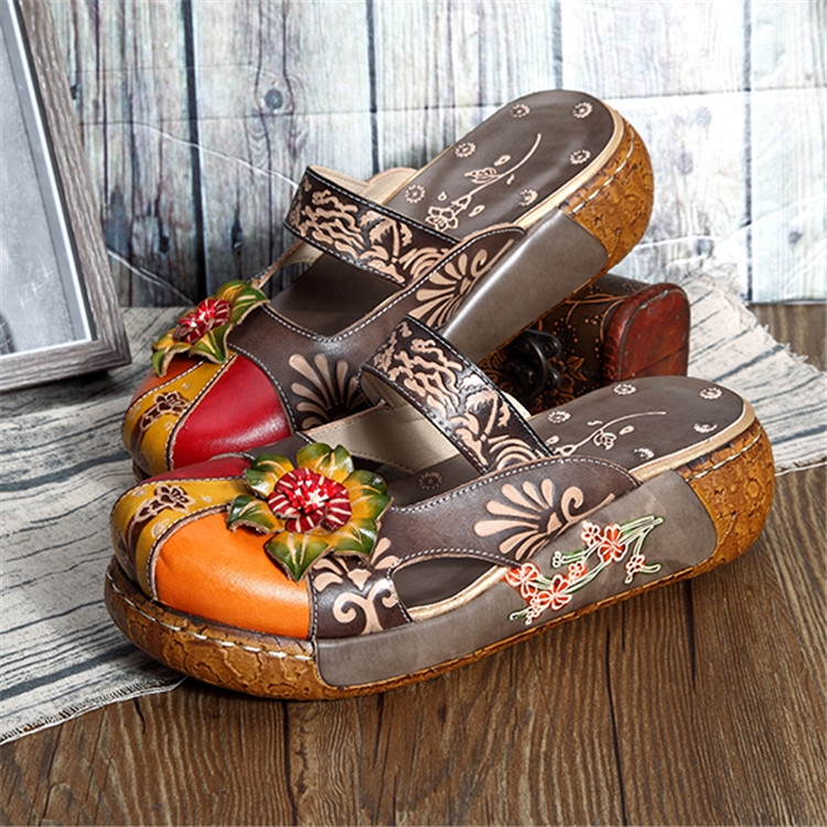 socofy vintage leather flower shoes