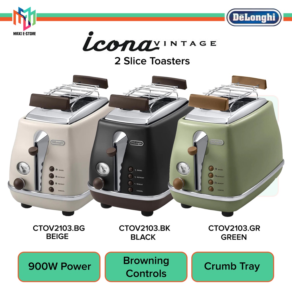 DeLonghi CTOV2103 Icona Vintage Toaster 2 Slices 900W CTOV2103.BK