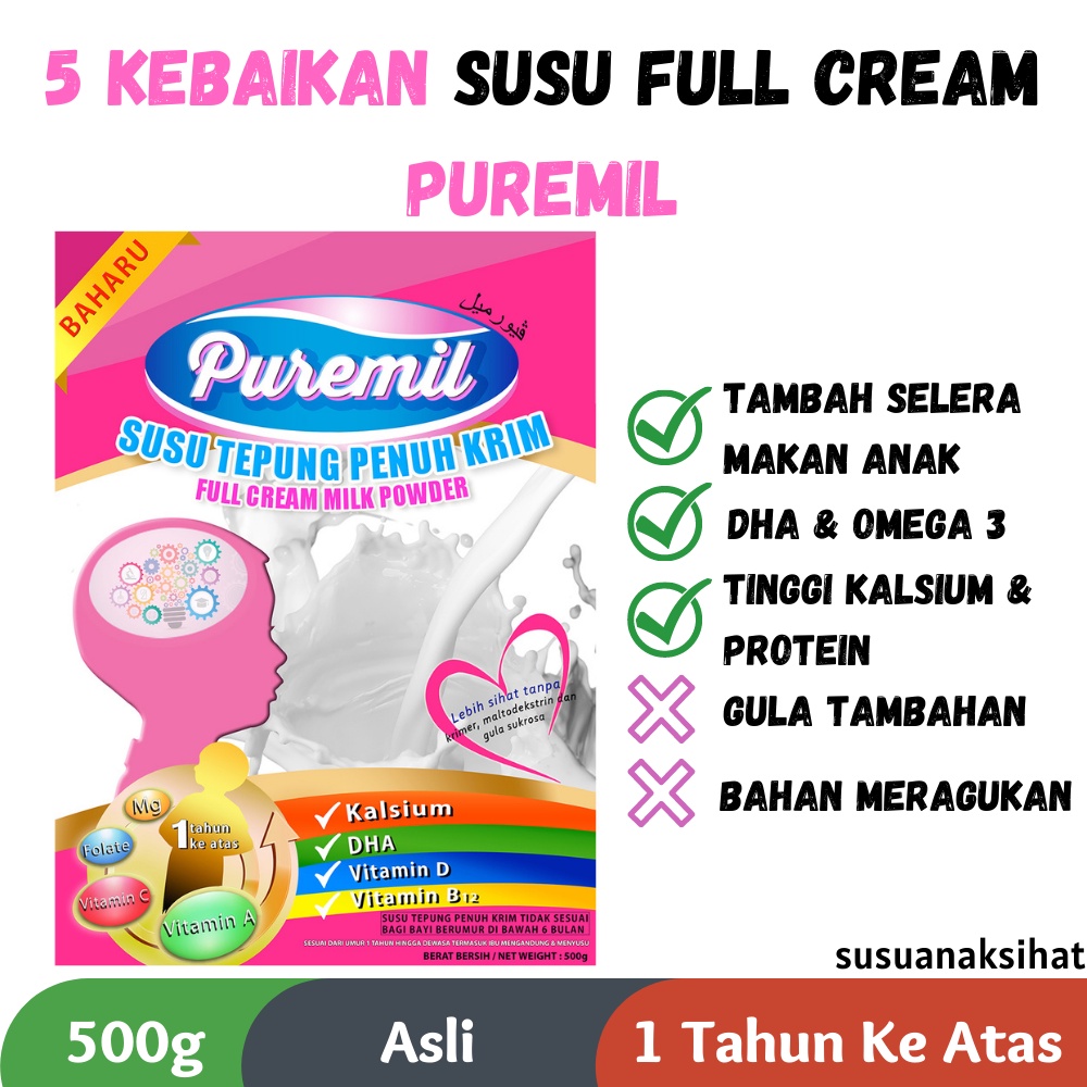 Puremil Susu Full Cream | Susu Asli & Susu Coklat | Susu Tanpa Gula Ditambah Dgn DHA & Omega 3 | Pengganti Susu Formula