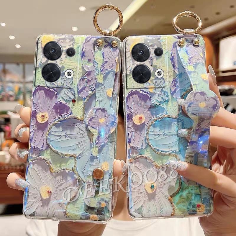 Phone Cell Casing OPPO Reno8 Reno7 Reno6 Z Pro 5G 4G Shiny Bling Smartphone Case with Wristband TPU Soft Purple Pink Flower Girl Back Cover Reno 8 8Z 8Pro 7 7Z 7Pro 6 6Z