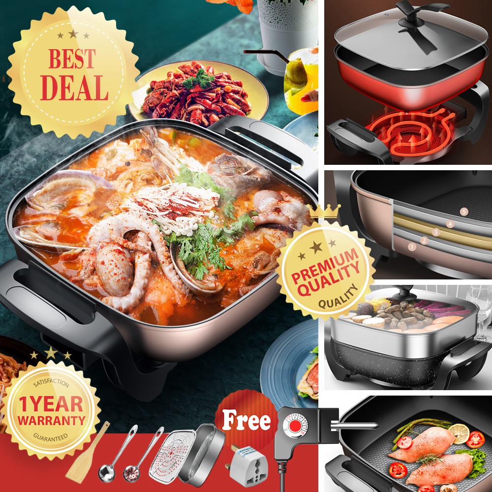 HADELE HSX-Y30 1400W 6L Multi-functional Non-stick Electric Skillet / Hot Pot with Stand Tempered Glass Vented Lid