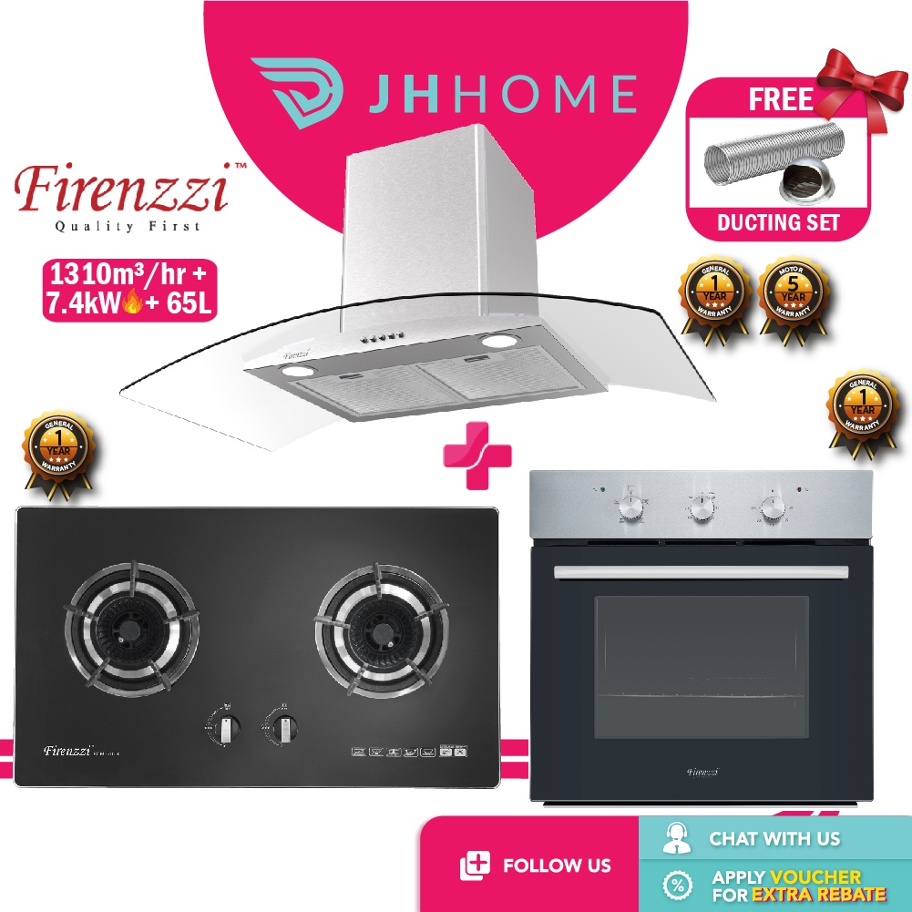 Firenzzi 1310m³/hr Cooker Hood FCH-6023 + 7.4kW Gas Hob FGH-2013 + 65L Built-in Oven FBO-6803 (Combo Deal)