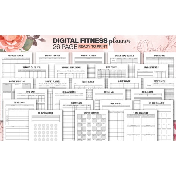 Fitness Planner Weight Loss Tracker Diet Journal JPG Printable Complete