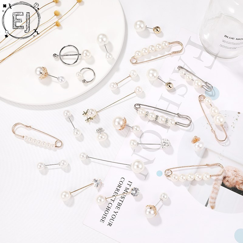 Ej Korean Pearl Brooch Double Headed Rhinestone Pin 韩款胸针珍珠防走光一字插针别针 Muslimah Hijab Pin Kerongsang