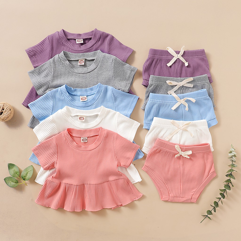 Newborn Baby Girls Ruffle Knitted Short Set Fly Sleeve Romper Top Ruffle Bloomers 2PCs Outfit Set 