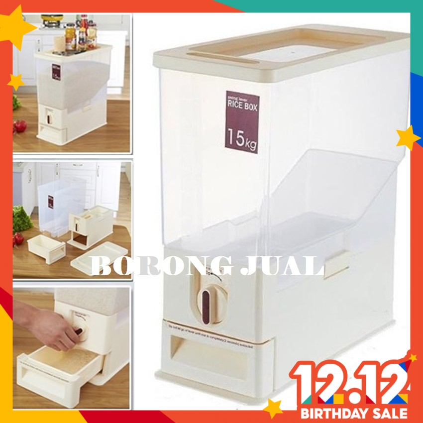 Rice Dispenser Food Storage Plastic Container Box 15kg Measure Label