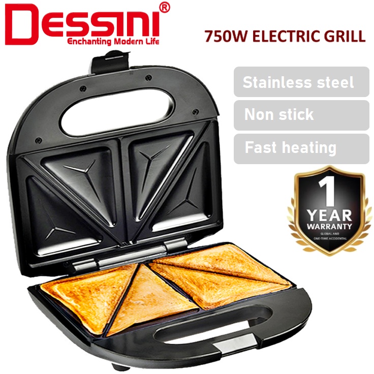 DESSINI ITALY Double Sided Electric Pizza Panini Waffle Sandwich Maker Toaster Barbecue BBQ
