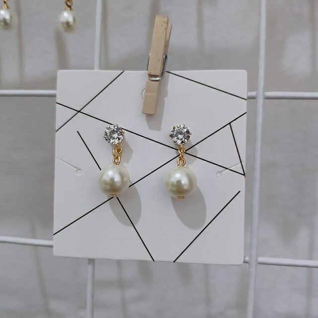 LOCAL READY STOCK Handcrafted Diamond Gold Stud Earring Drop White Pearl