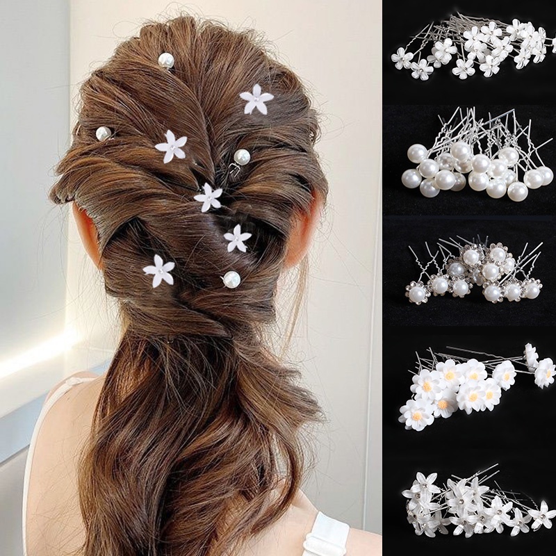 20Pcs/Set Pearl Crystal Flower U-shaped Pins Metal Barrette Hair Clips / Elegant Bridal Flral Tiara styling Tools / Women INS Popular Hair Accessories