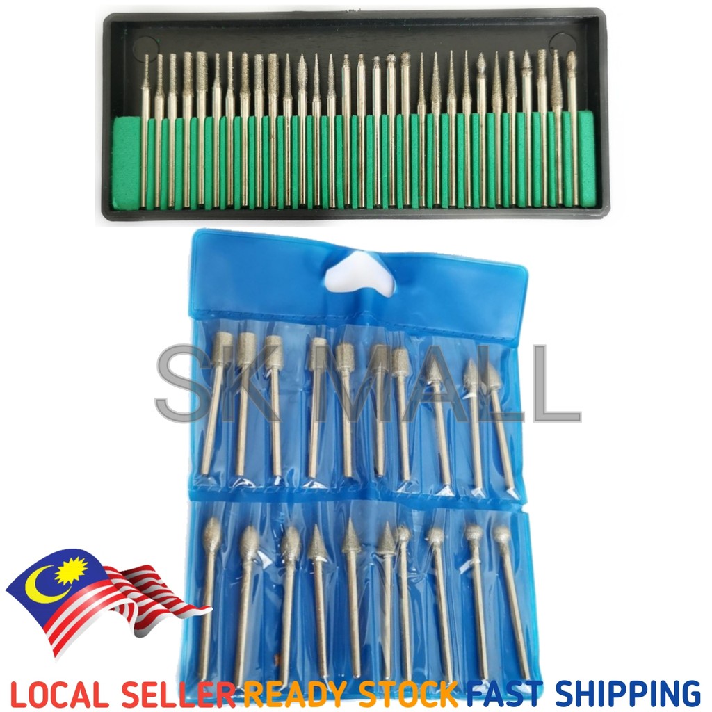 TUAH957 - 3mm Shank Diamond Burrs Grinding Rotary Tools Drill Bits Sets ...