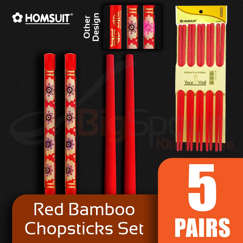 BIGSPOON HOMSUIT 5-Pair Red Bamboo Chopsticks with Design Chopstick Set Tableware Cutlery