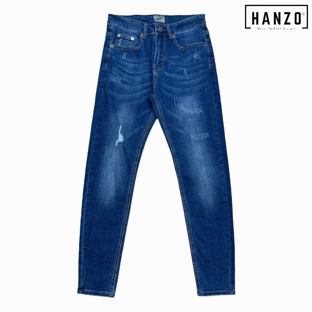 HANZO Men Ripped Skinny Fit Long Jeans - Blue