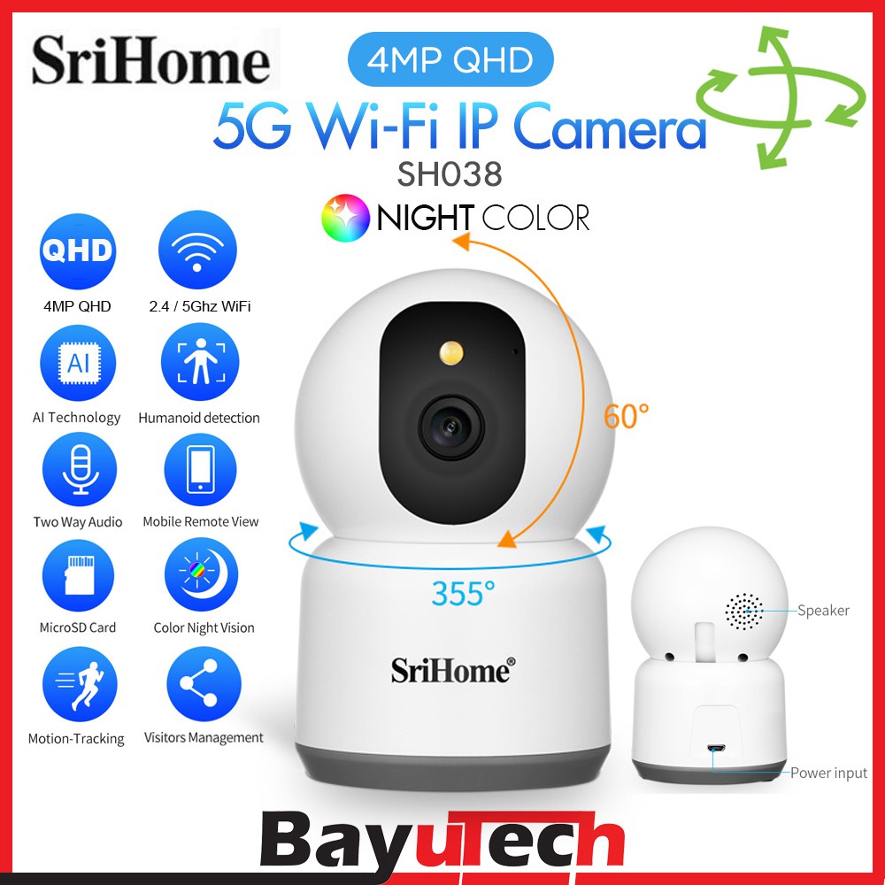 SRICAM ITALIA - Modello Sh038 Telecamera Wifi 5ghz E 2,4ghz Ip Camera Wireless Infrarossi 4.0 Megapixel Hd Ir Cut Onvif P2p Supporto Sd Audio