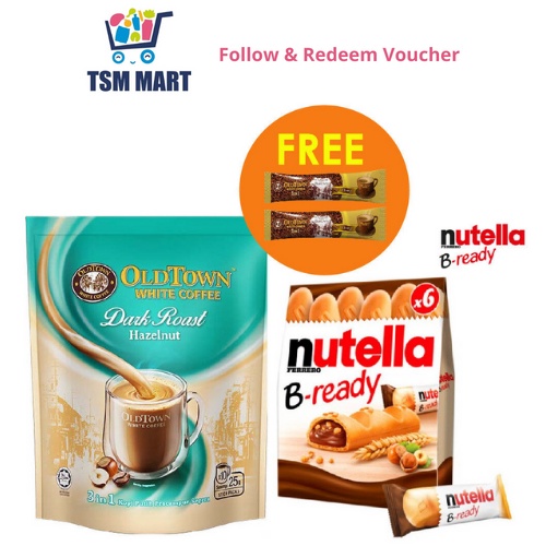 OLDTOWN Dark Roast 3 in 1 Hazelnut Coffee 25g x 10 sticks + Nutella B-Ready 132g (FRRE 2 Sticks OOLDTOWN CLASSIC)