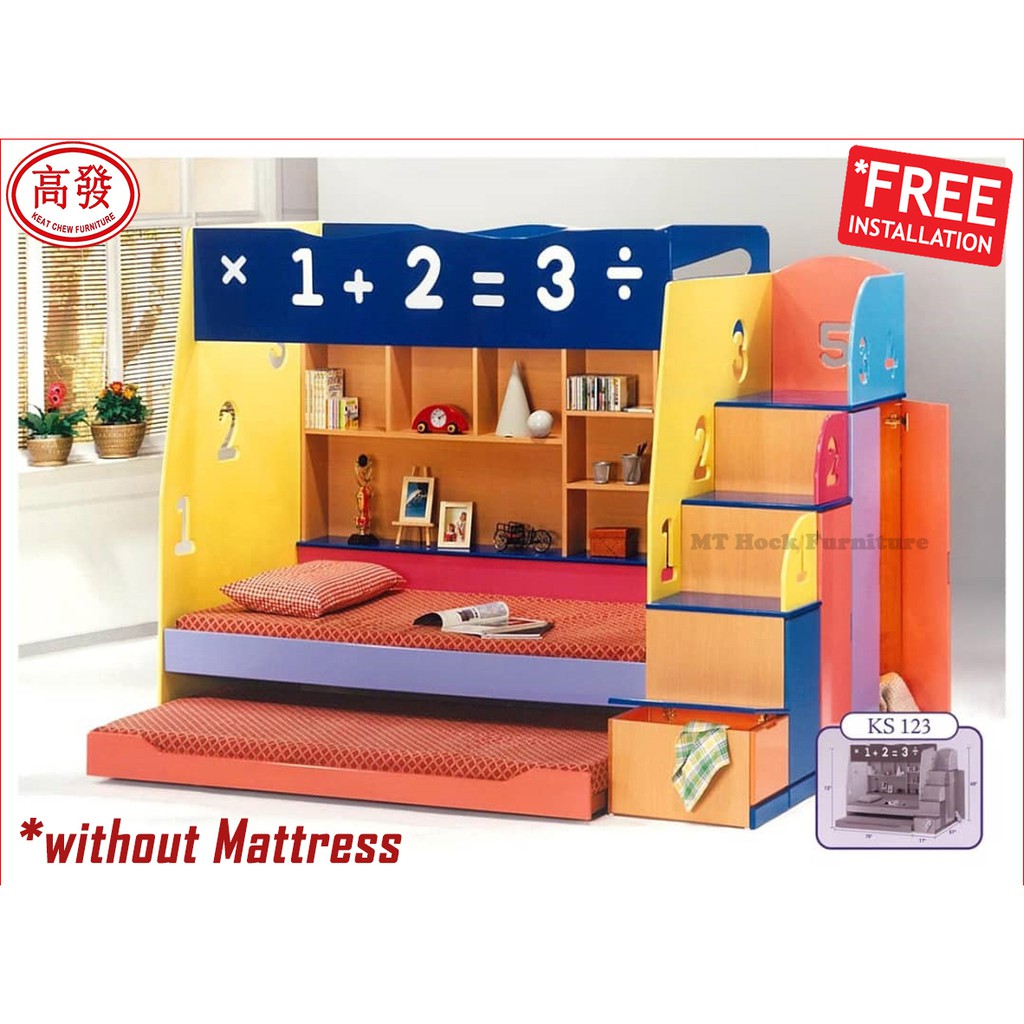 Double Decker Children Set 2 Single Bed and 1 Single Bed Pull out Children Bunk Bed with Ladder