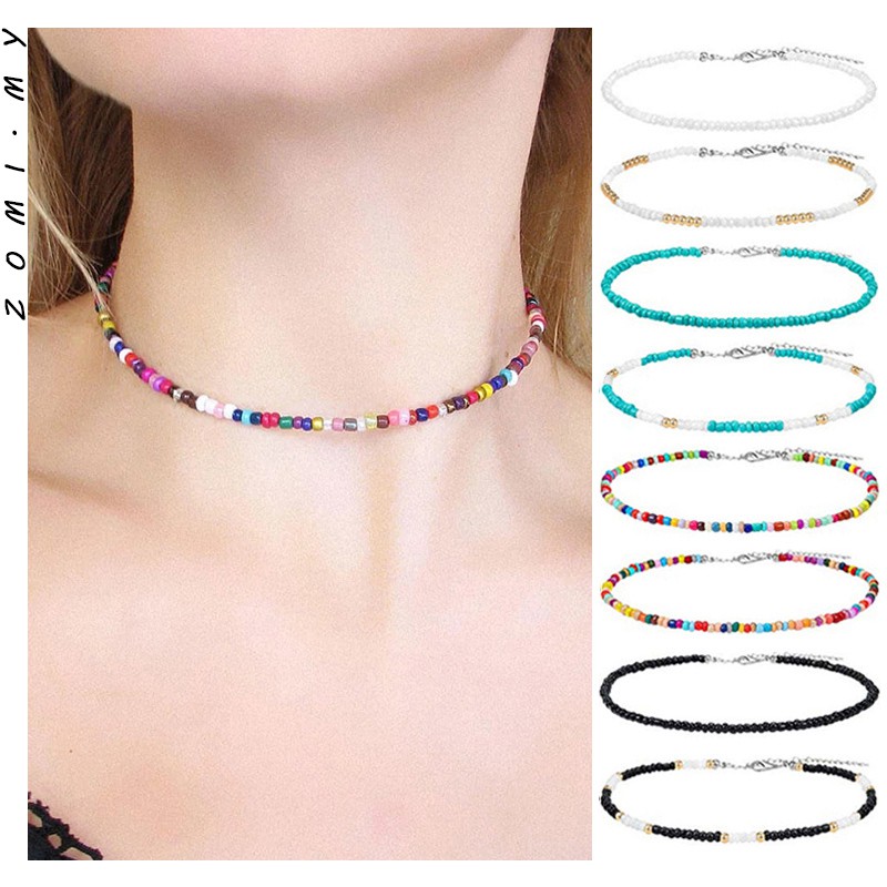 [ZOMI] We Flower Bohemian Handmade Rainbow Beads Choker Short Necklace for Women Girls Boho Candy Color Beaded Necklaces Fashion Jewelry