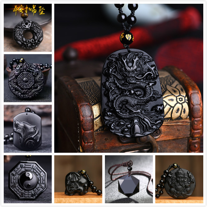 Black Obsidian Carving Dragon and Phoenix Elephant Beads Wolf Head Necklace Pendant Obsidian Amulet Lucky Pendant Unisex Jewelry