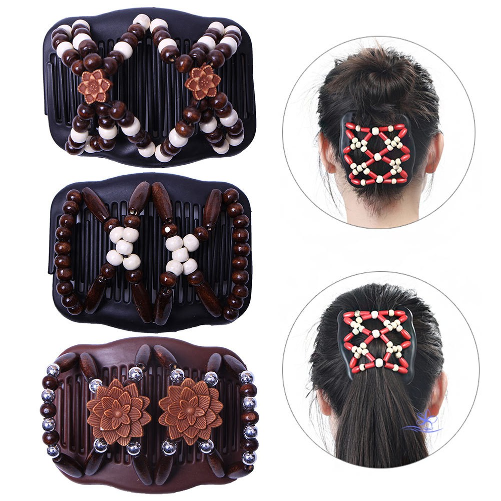 Double Beaded Hair Clip Combs Beads Elastic Hairpin Bun Maker Pins