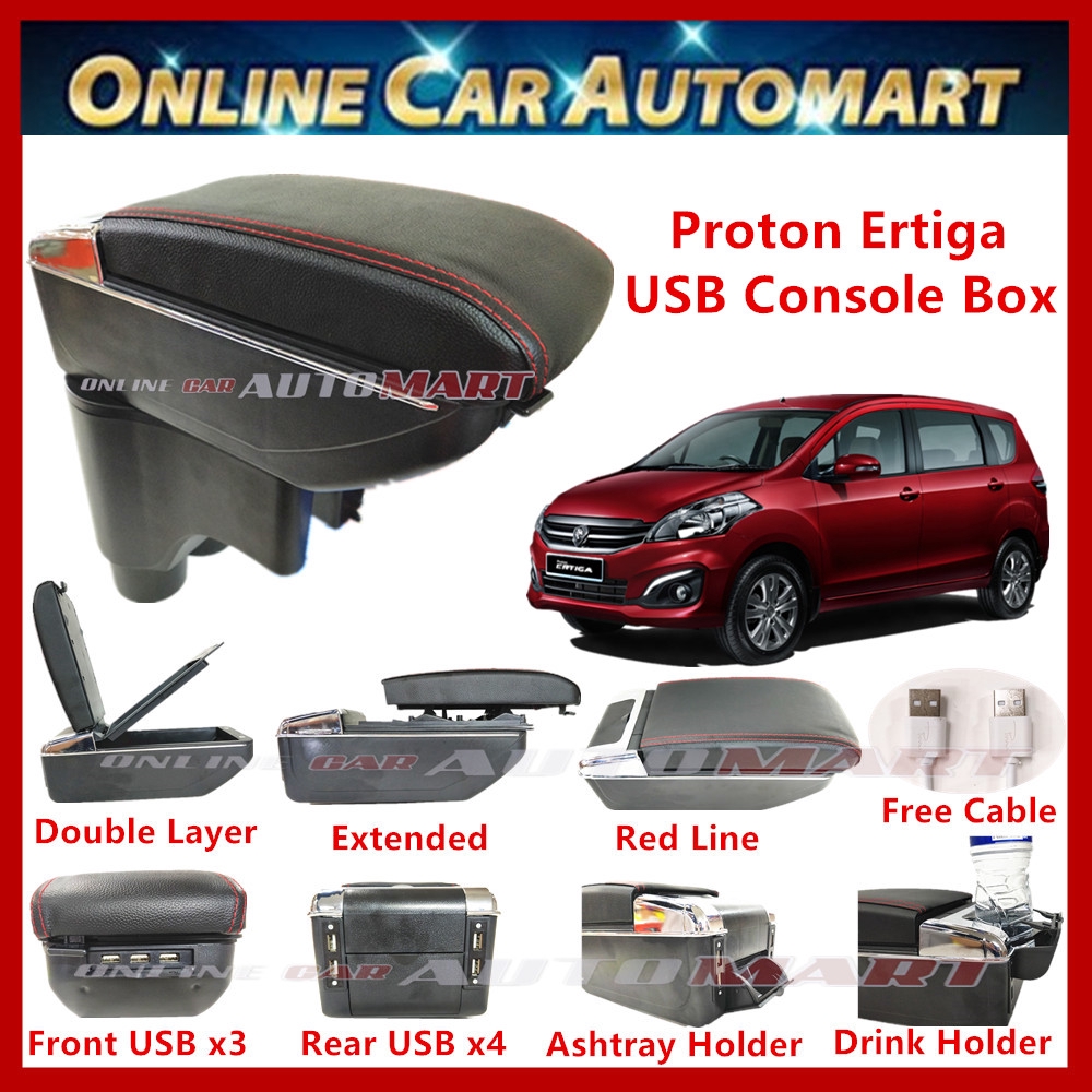 Proton Ertiga 7 USB Charger Port PVC Adjustable Arm Rest/Armrest Center Console Box (Red Line)