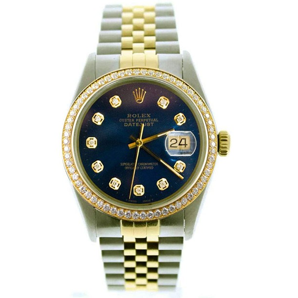 Rolex Mens Datejust 16013 36mm Steel & Gold Datejust Custom Added Blue Diamond Dial & Custom 1CT Diamond Bezel