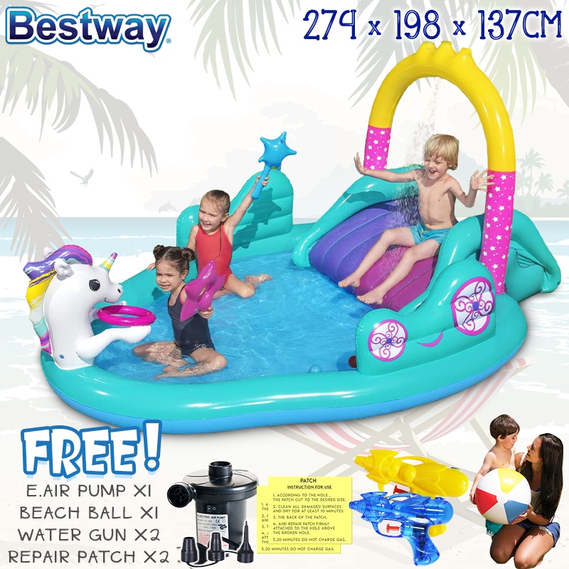 shopee: BESTWAY 5 DESIGN Play Center Children Toy Playground Inflatable Kids Swimming Pool Water Slide Kolam Mandi Gelongsor (0:3:Model:53097;1:2:Variation:Pool + Premium)