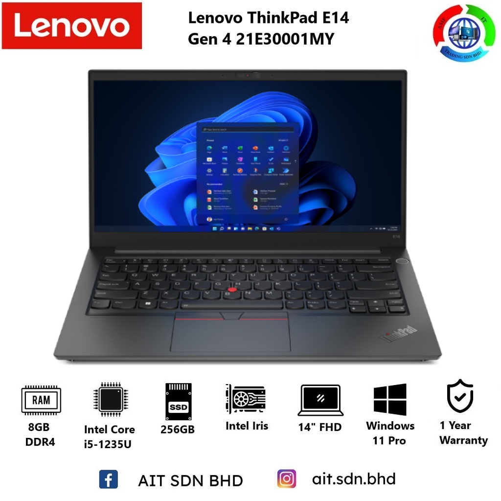 Lenovo Thinkpad E14 Gen 4 21e30001my 14 Fhd Laptop Black I5 1235u 8gb 256gb Ssd Intel 