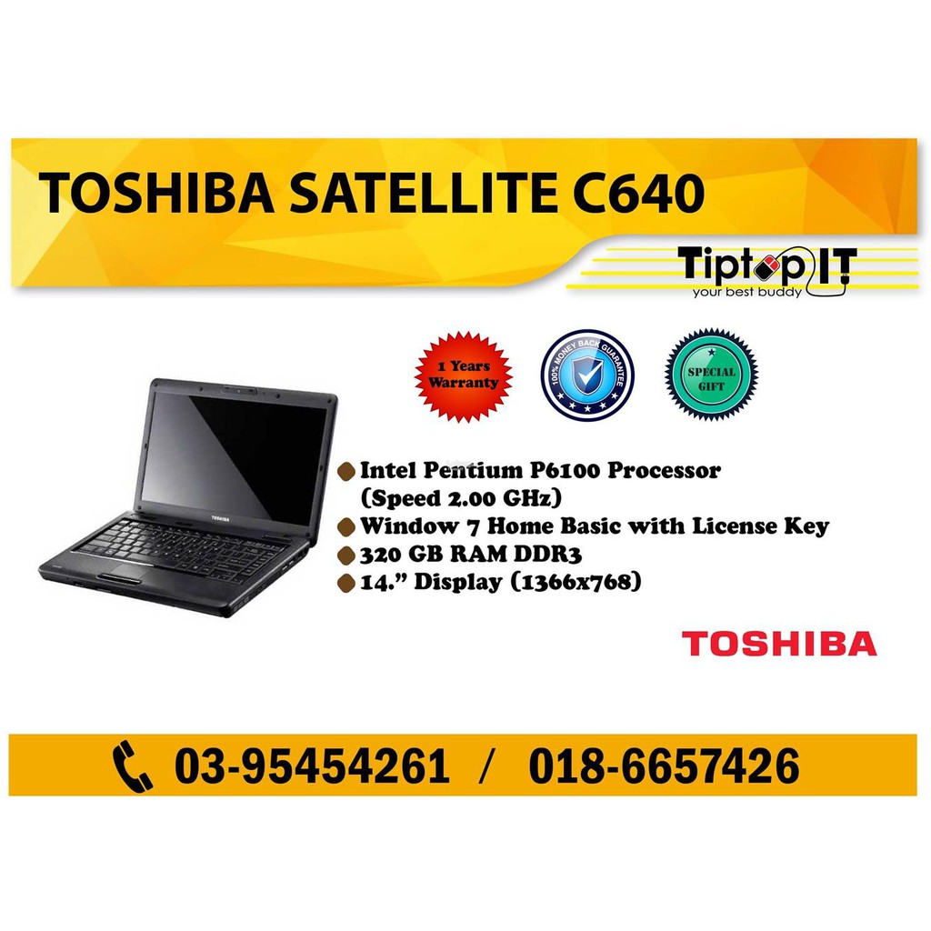 TOSHIBA SATELLITE C640 Pentium HDD 320GB RAM 2GB Win 7 Laptop