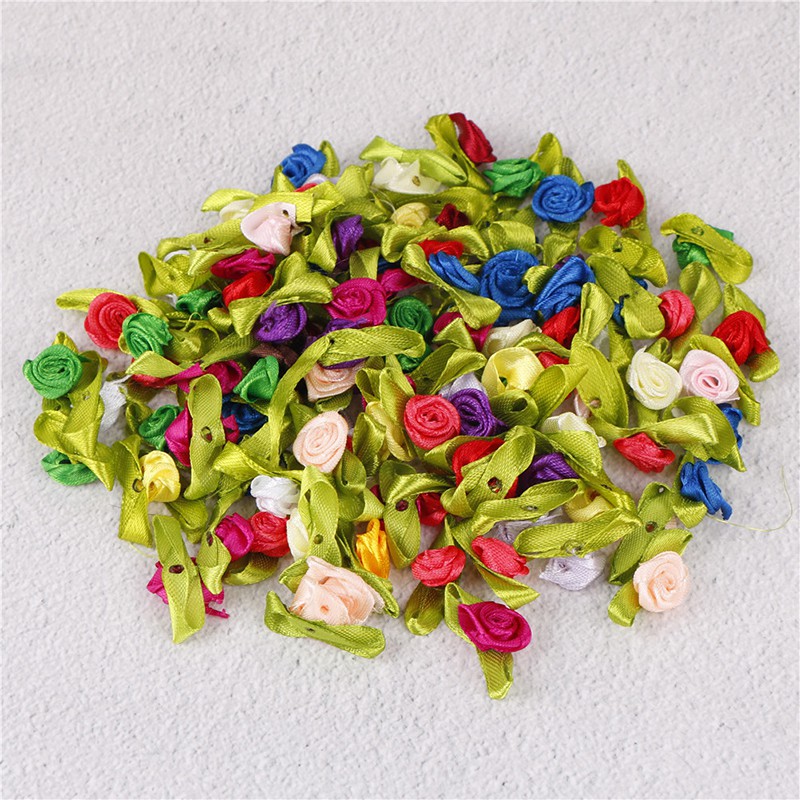 100pcs Small Mini Satin Ribbon Flowers Rose Wedding Decor Sewing Appliques DIY