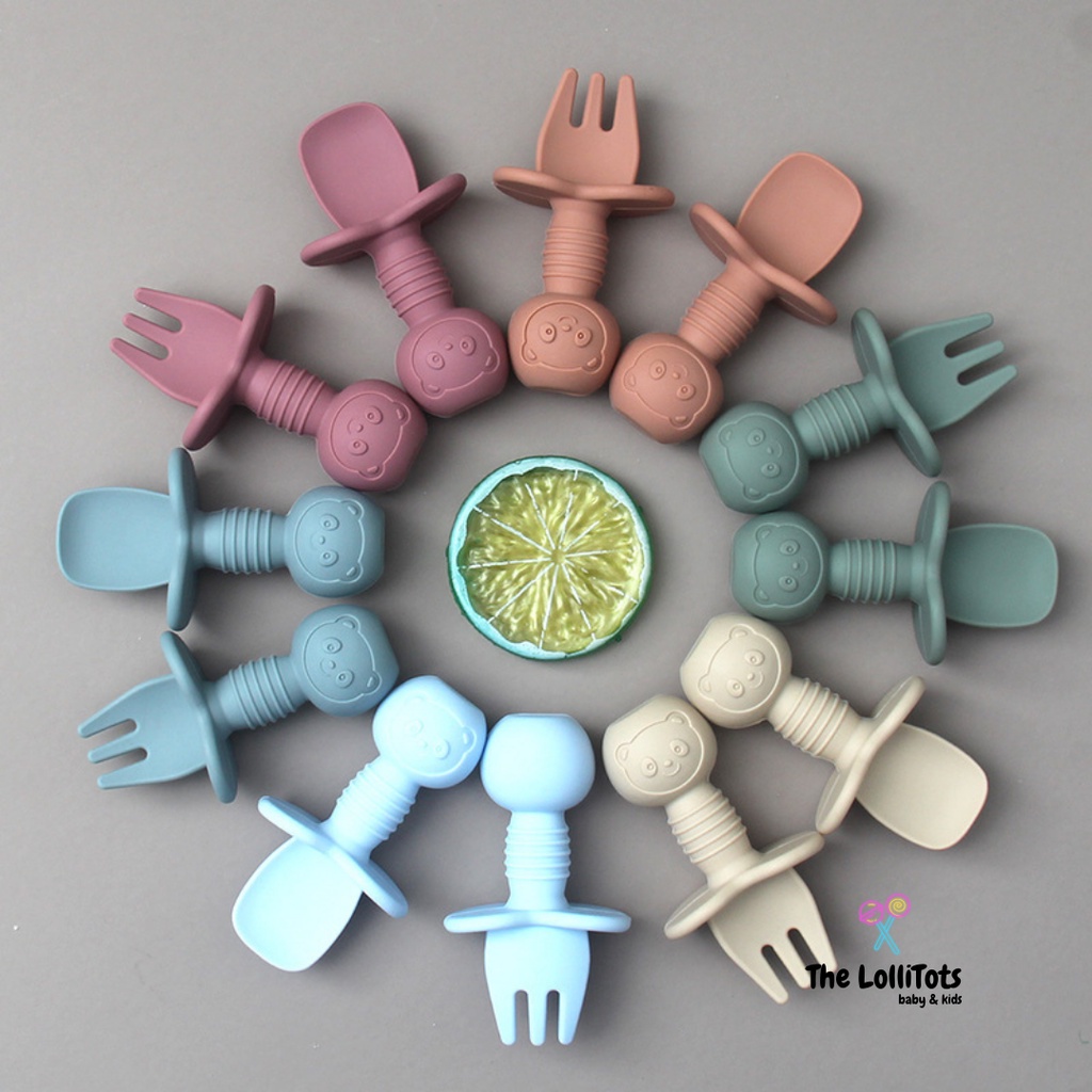 2pcs Food Grade Baby Infant Kids Silicone Spoon Fork Set Training Feeding Self Weaning Utensils