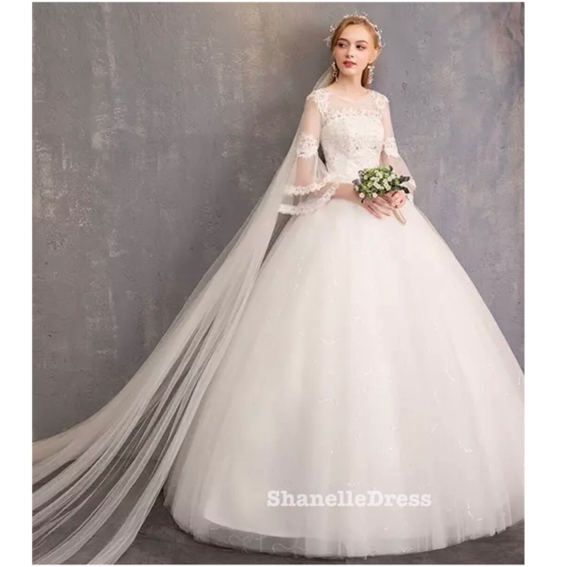 Ivory Ball Gown Bridal Dress Vintage Puffy Half Sleeve Round Neck