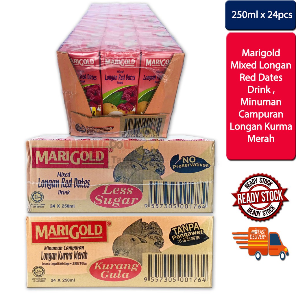 250ml x 24pcs Marigold Mixed Longan Red Dates Drink, Longan Kurma Merah [Carton]