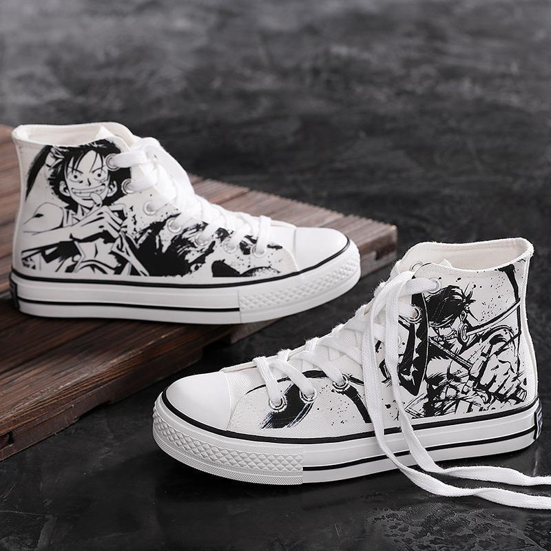 Spring One Piece Joint High-Top Canvas Shoes Men Luffy Sauron Ace Casual Women Graffiti Cotton Sneakers/春季海贼王联名高帮帆布鞋男路飞索隆艾斯休闲鞋女涂鸦鞋棉鞋板鞋/Raja bajak laut musim semi co branded high canvas shoes men's road feisolong AIS casual women's graffiti shoes cotton