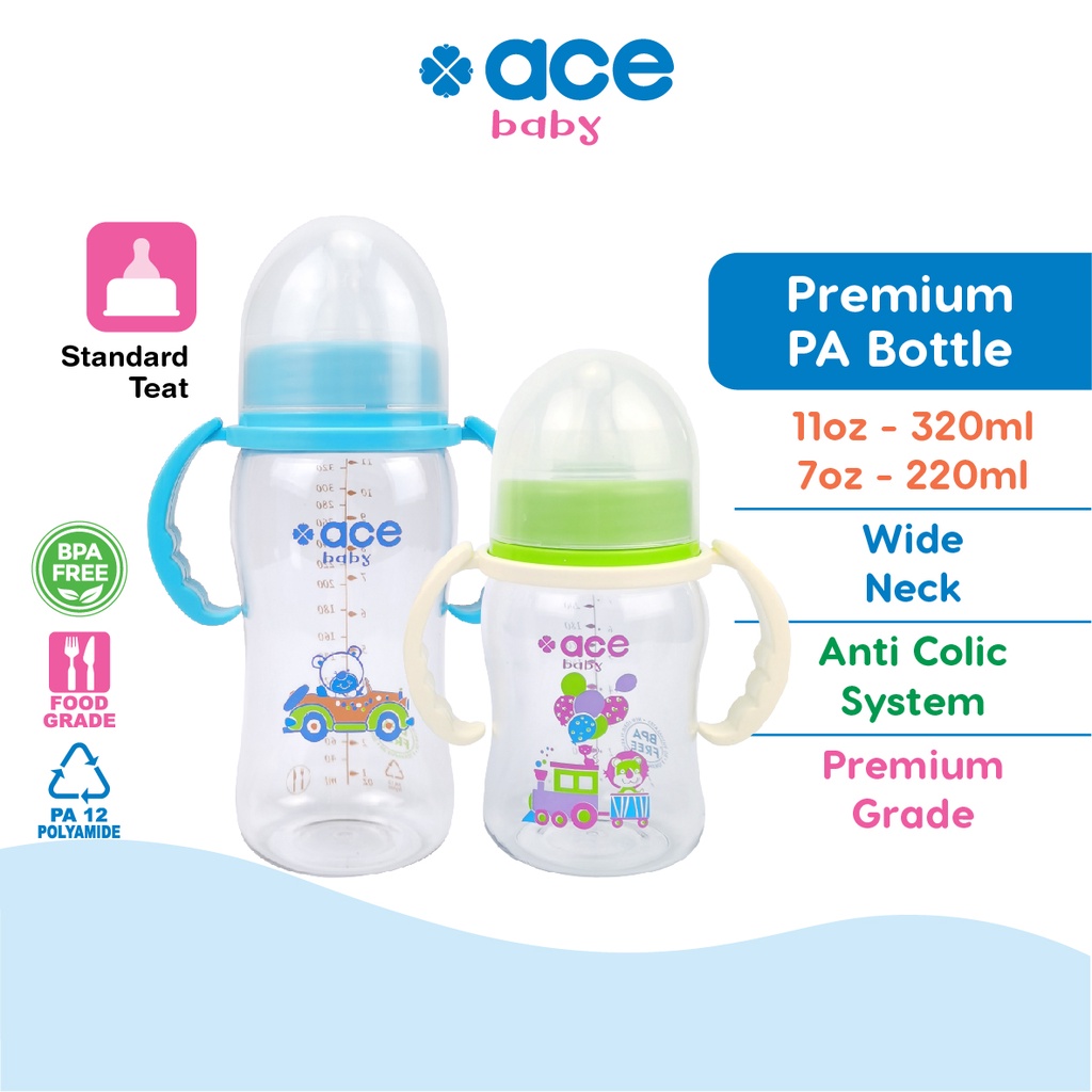 ACE BABY PA Wide Neck Bottle 11oz/8oz (320ml/220ml) Anti Colic Feeding Milk Bottle BPA Free Botol Susu Lebar 134 154