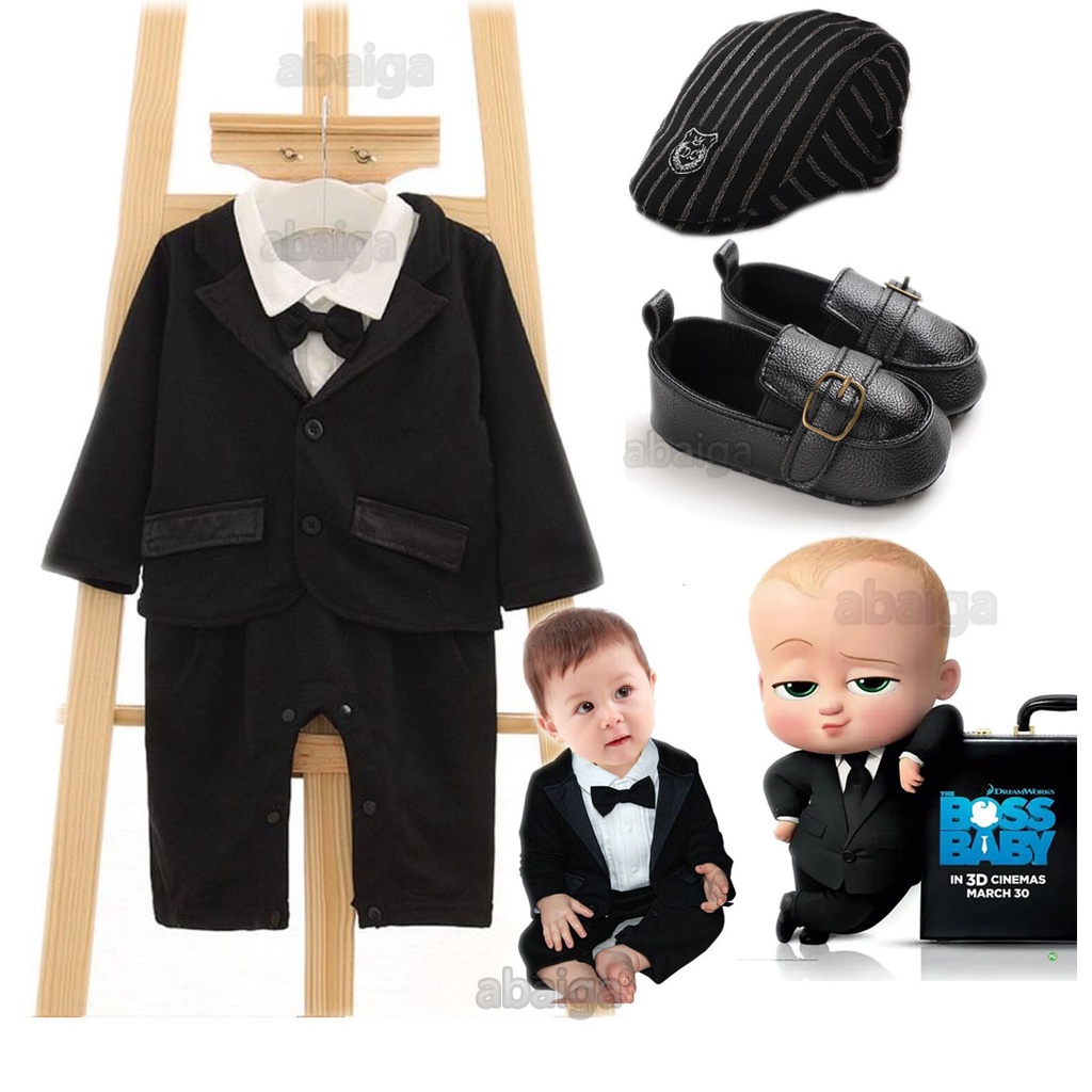 New Born Baby Clothes Set Boss Baby Costume Long Sleeve Jumpsuit Black Coat Boy Tuxedo Suit Bow Tie Birthday Outfit Wedding Party 3-18 Month