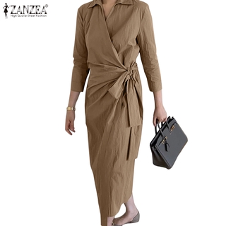 Image of ZANZEA Women Casual 3/4 Sleeve Collar Button Cuffs Lace-Up Maxi Dress