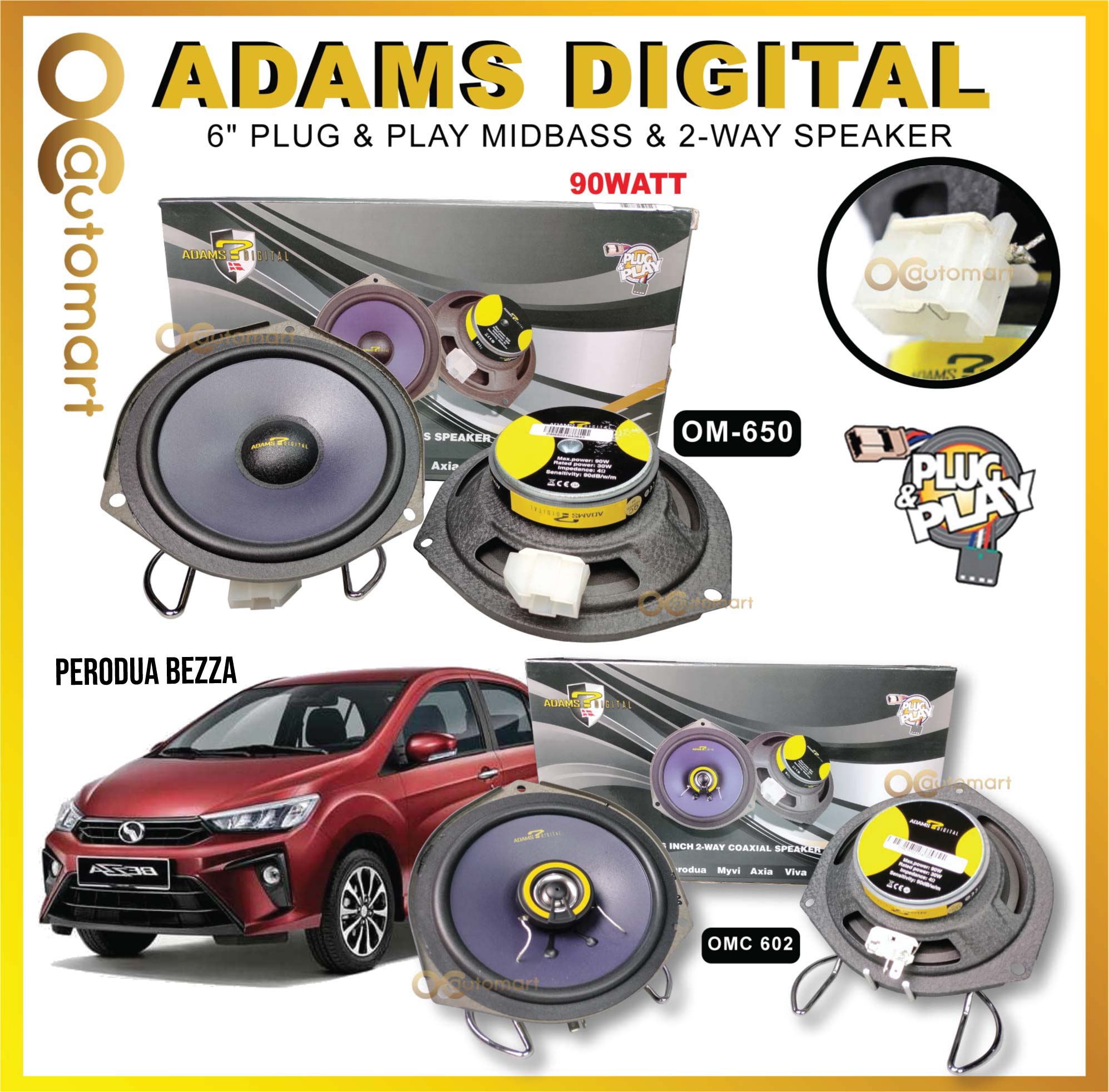 Adams Digital For Perodua Bezza 6" Mid Bass & 6" 2-Way Coaxial Plug & Play Oem Car Speaker (om-650 + omc-602)