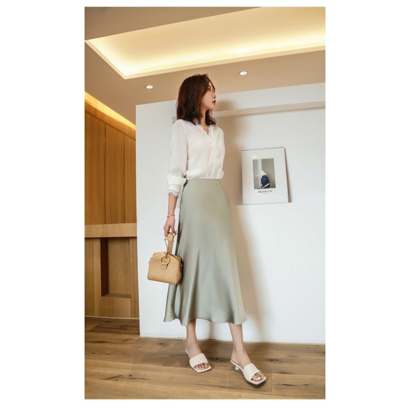S-XL] New Women Half Length Skirt Satin Silky Light High Waist A