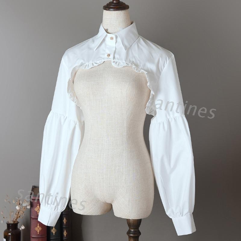 san* Women Puff Long Sleeve Half Top Blouse Ruffled Edge Golden Button False Collar