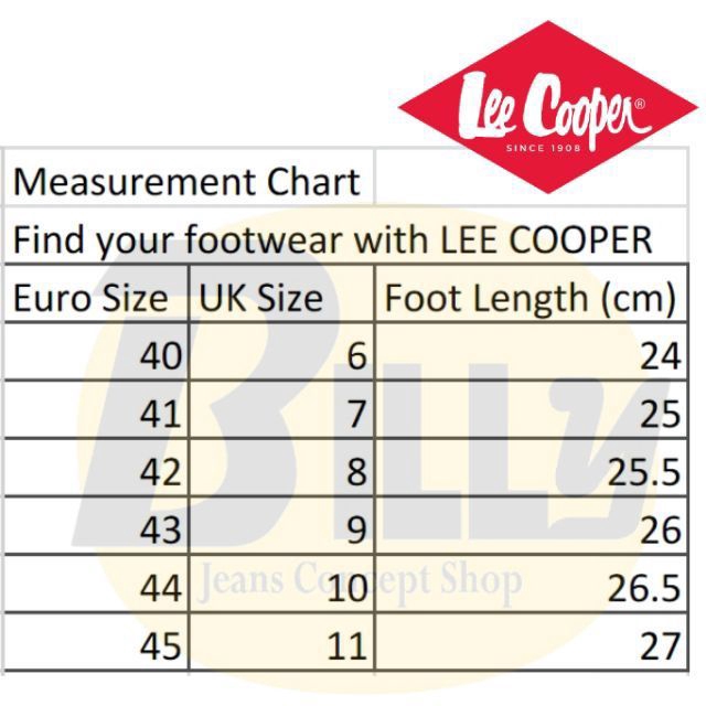 size chart lee jeans
