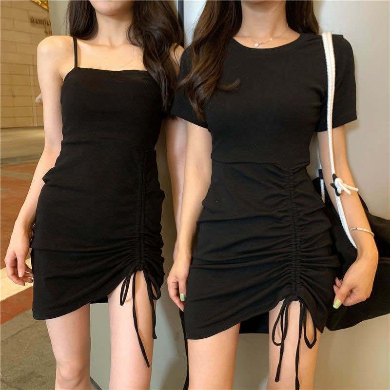 Women Mini Dresses Summer Fashion Black Gray Sexy Off Shoulder Short Sleeve Sleeveless Dress Bodycon Dress 短袖吊带显瘦紧身连衣裙