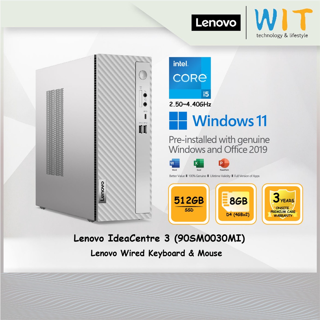 Lenovo IdeaCentre 3(90SM0030MI)/Intel Core i5-12400/8GB D4/512GB SSD/Lenovo Wired KB&amp;MSE/MS H&amp;S/Wins 11