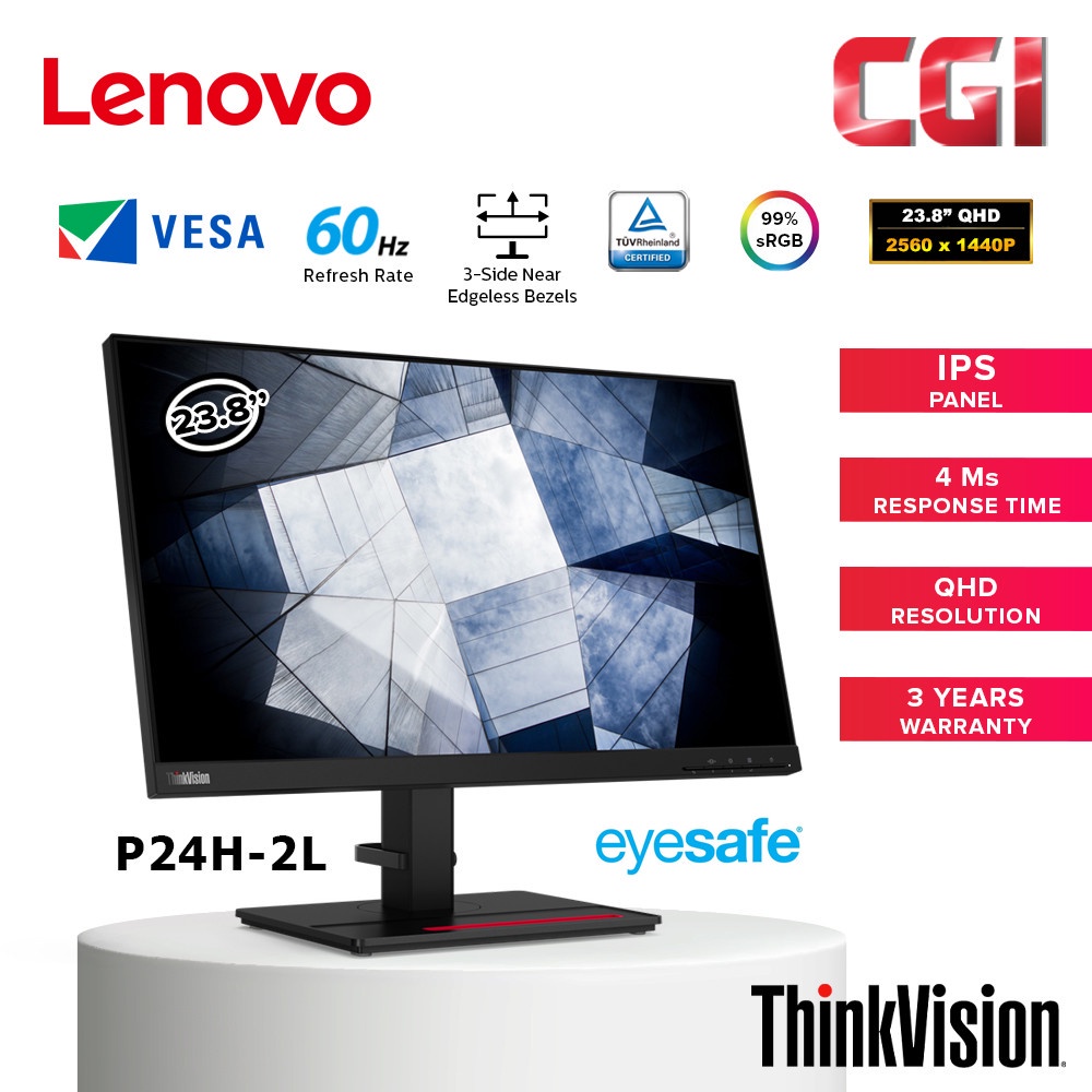 Lenovo ThinkVision 23.8" P24h-2L QHD IPS HDMI Display Port USB-C ...