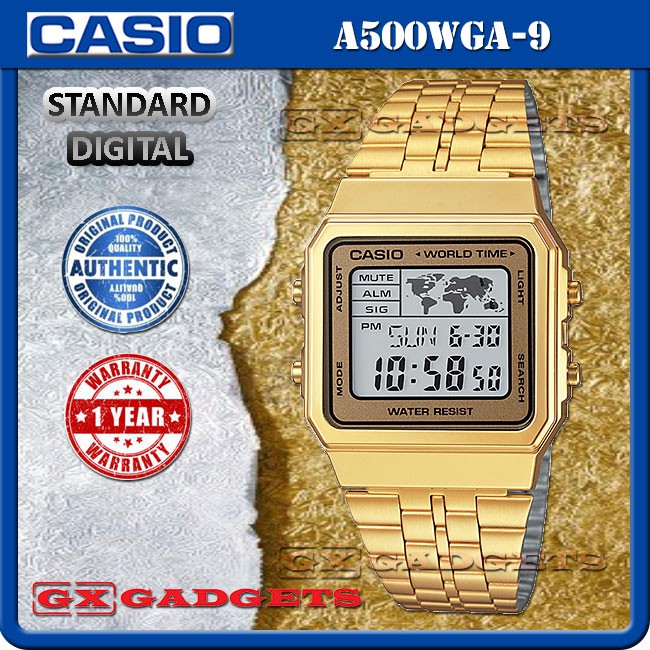 casio gold watch with world map