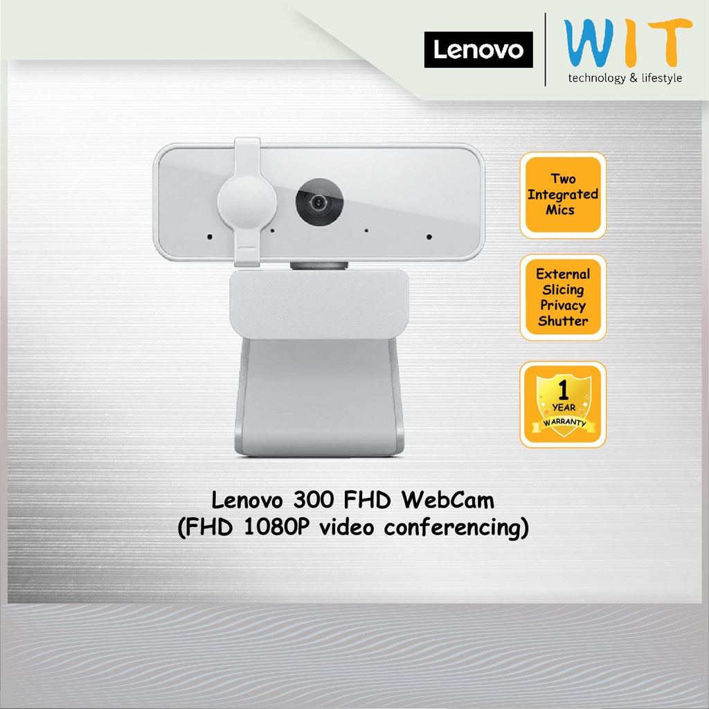 Lenovo 300 FHD WebCam (FHD 1080P video conferencing/Two integrated mics /External slicing privacy shutter)