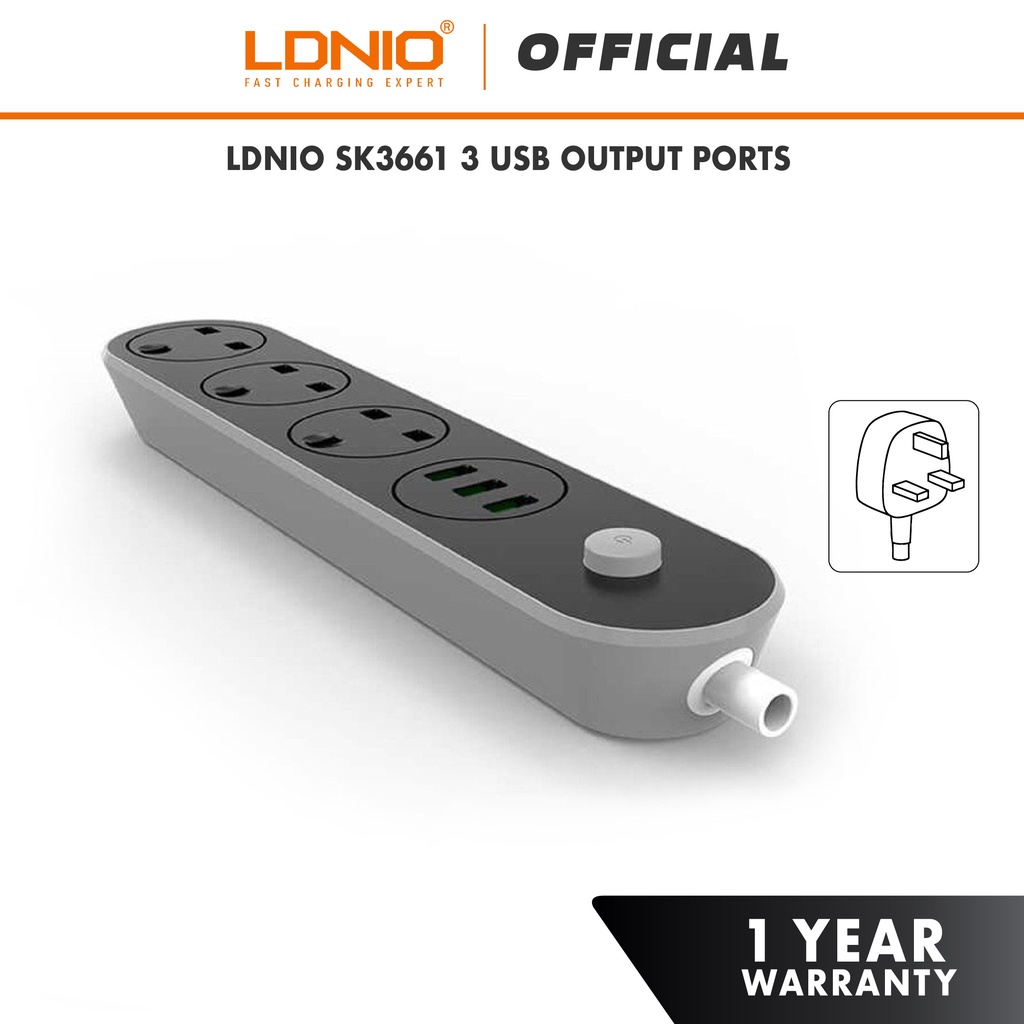 LDNIO SK3661 Power Strip Triple with 3 USB Output Power Cord (3.1A/1.6m)