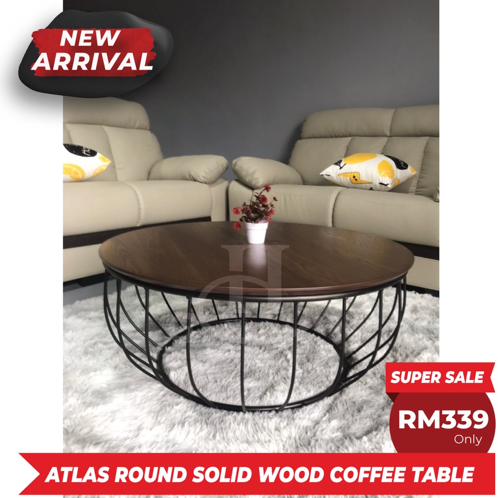 BETTY FURNITURE ATLAS Round Coffee Table Solid Table Top Metal Leg / Meja Kopi Bulat Kayu Kaki Besi / New Modern