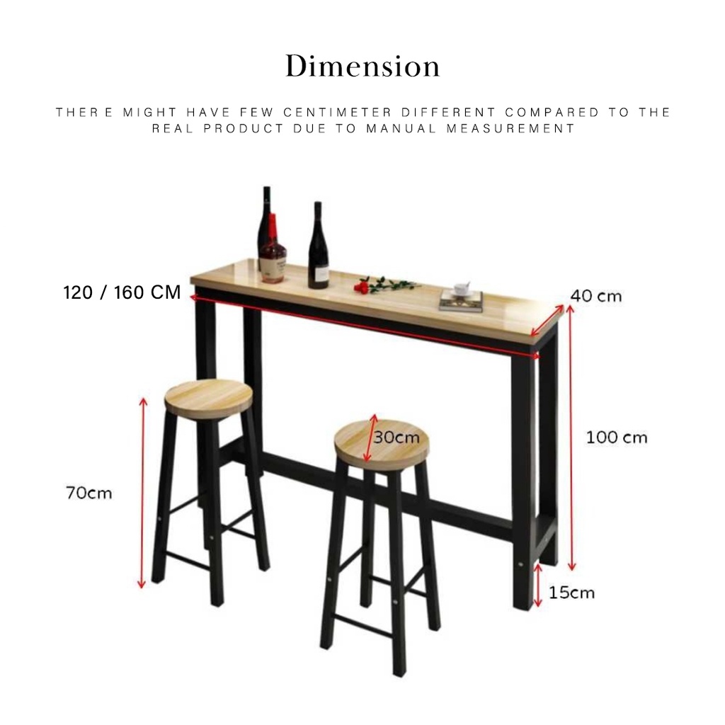 [READY STOCK] FINSSO: 120cm or 160cm x 40cm Bar Table & 2 High Bar Stool / Dining Table / Meja Makan/ Bar Stool