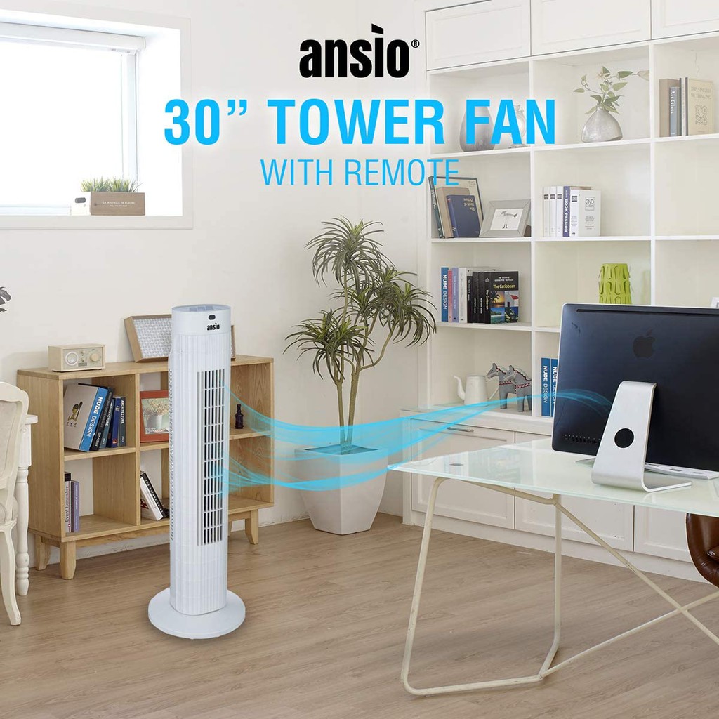 ANSIO Tower Fan 30-inch with Remote For Home and Office, 7.5 Hour Timer, 3 Speed Oscillating Fan